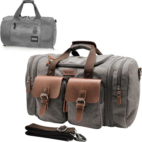 Vista 22 de Wildroad Bolsa de viaje de lona de 50L, bolsa de lona expandible de cuero genuino, bolsa de fin de semana mejorada para una noche, bolsa de mano