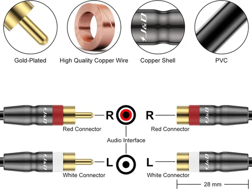 Vista 2 de J&D 2 cables de extensión RCA macho a hembra, carcasa de cobre chapado en oro 2RCA macho a 2RCA hembra, adaptador de cable extensor de audio