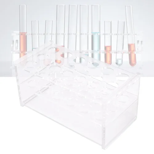 Vista 6 de RUIAN Soporte de tubo de ensayo de acrílico para laboratorio, 18 pocillos, 0.669 in de diámetro para tubos de centrífuga de 0.3 fl oz, transparente