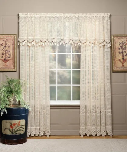Vista 4 de Today's Curtain Gettysburg - Cenefa tejida de ganchillo de 20 pulgadas con borlas con cuentas, color crudo