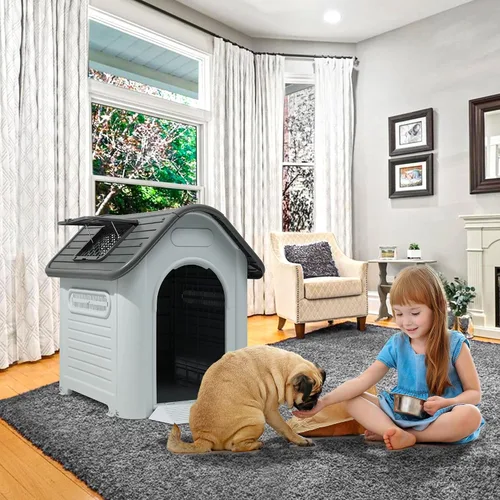Vista 9 de YITAHOME Casa para perros de plástico para exteriores, resistente al agua, con tragaluz ajustable y base elevada para perros pequeños, medianos
