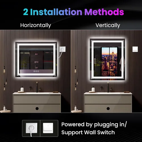Vista 8 de Snowdool - Espejo LED para baño de 36 x 36 pulgadas con 8 luces RGB retroiluminadas + 3 luces frontales (ajustables individualmente), espejo de 3