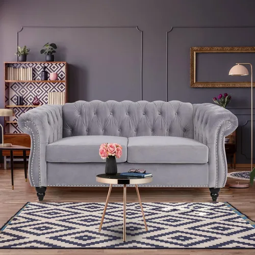 Vista 31 de Sofá moderno de 3 plazas, muebles de sofá grande, con brazo enrollable, sofá Chesterfield clásico copetudo de cuero con respaldo de asiento copetudo