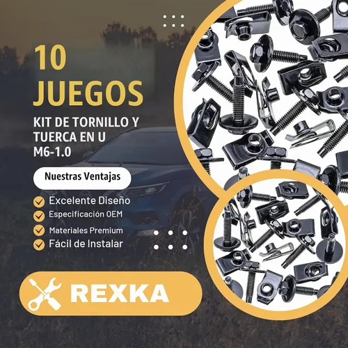 Vista 6 de Rexka 10 juegos de tuercas en U extruidas M6-1.0 y tornillos SEMS de cabeza hexagonal para GM Ford Chevy ChryslerJeep Dodge – multiusos – Protector