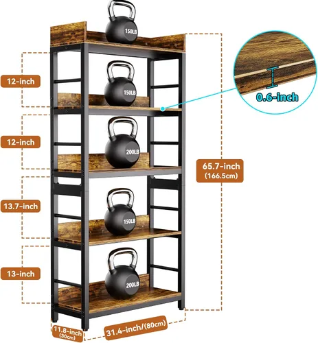 Vista 3 de Aquzee Librería, 66 "H 5-Tiers Heavy Duty Industrial Estantería de Madera y Metal, Rústica y Negro Unidades de Estante Alto para el Hogar, Oficina