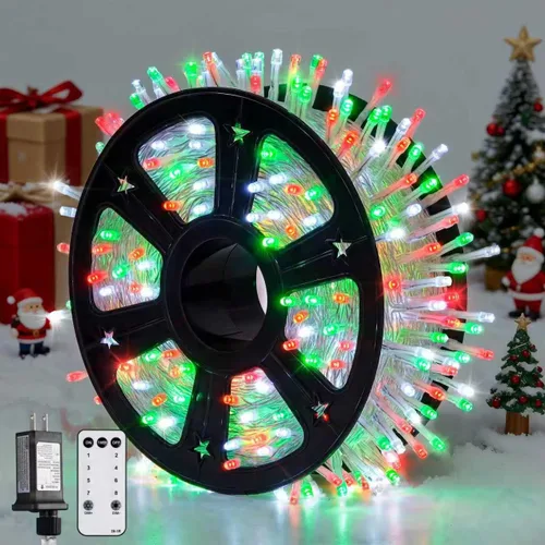 Vista 23 de JMEXSUSS 150 luces LED azules de Navidad para interiores y exteriores, luces de cadena conectables de 59 pies con enchufe, 8 modos de luces de hadas