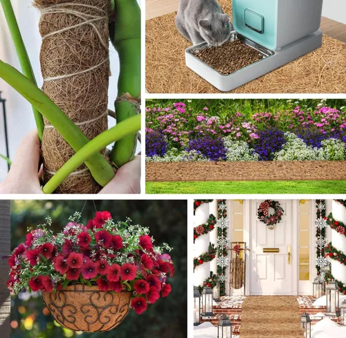 Vista 7 de Rollo de mantillo natural para paisajismo, tapete de fibra de coco gruesa orgánica de 120 x 6.3 pulgadas con estacas de acero en forma de 20U, rollo