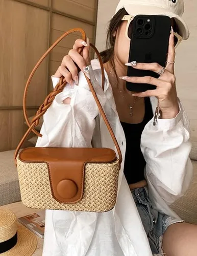 Vista 2 de Bolso Hobo de paja para mujer, bolso cruzado tejido para el hombro, bolso de mano, bolso pequeño para la playa