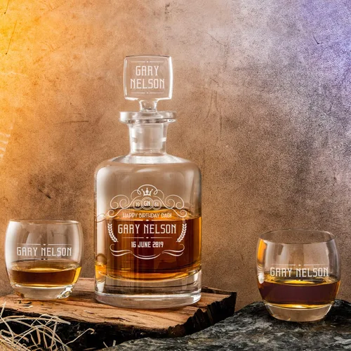 Vista 7 de Juego de decantadores de whisky hechos a mano personalizados, piedras escalofriantes de whisky, decantador de whisky grabado, 2 vasos de whisky