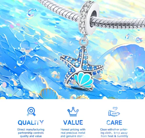 Vista 4 de Abalorios de plata de ley 925 para pulseras y collares, pulseras solares con dije de estrella de mar y estrella, conchas de estrella de mar