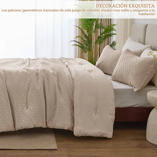 Vista 9 de Whale Flotilla Jacquard Checkered Extra Soft King Comforter Set, Beige Juego de edredón reversible de microfibra tamaño King con 2 fundas