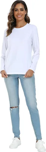 Vista 4 de LOVFEE Camiseta básica de algodón de manga larga con cuello redondo para mujer, ajuste holgado