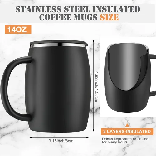Vista 2 de Taza de café aislada de acero inoxidable de 14 onzas a prueba de derrames con tapa, taza de café de viaje de doble pared con asa, tazas de café