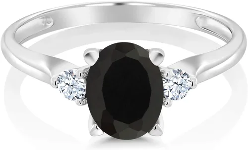 Vista 2 de Gem Stone King Anillo de compromiso de 3 piedras de oro blanco de 10 quilates con ónix negro y zafiro blanco creado para mujer