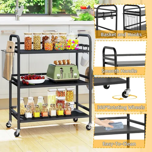 Vista 9 de HDANI Carrito de metal rodante de 3 niveles, carrito multiusos de alta capacidad resistente para oficina, cocina, sala de estar, dormitorio, negro
