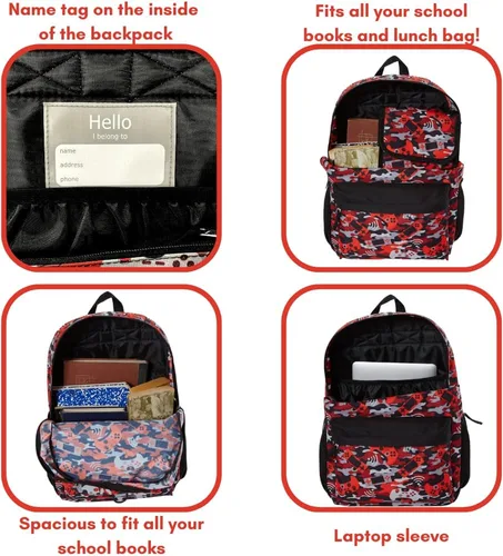 Vista 9 de RALME Juego de mochila para niños, 16 pulgadas, 6 piezas, incluye bolsa de almuerzo plegable, botella de agua, llavero y estuche para lápices, Camo