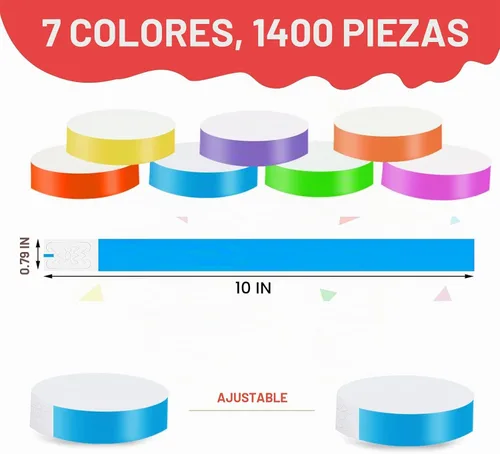 Vista 2 de Paquete de 1400 pulseras de papel para eventos, 7 colores impermeables de neón para fiestas, brazaletes de papel para identificación, muñequeras