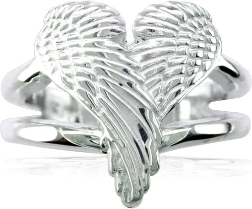 Vista 2 de Anillo mediano de alas de corazón de ángel, alas de amor, 0.669in en plata de ley