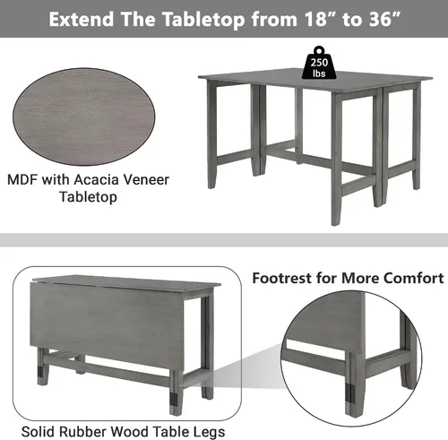 Vista 6 de Knocbel Mesa de comedor plegable rectangular para 2 a 4 personas, cocina de madera, comedor, bar, pub, bistró, muebles de espacio pequeño, altura
