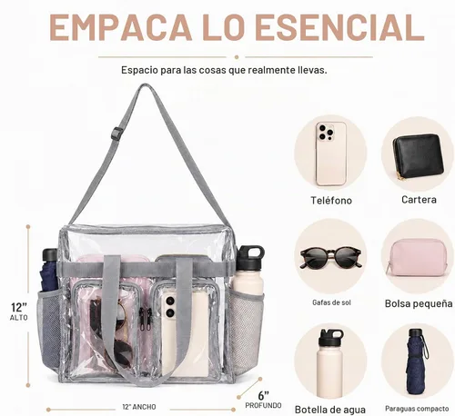Vista 8 de ZENPUNK Bolsas transparentes aprobadas para estadios con cierre de cremallera, bolsa cruzada con correa ajustable Gris