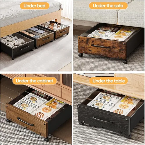 Vista 7 de Almacenamiento debajo de la cama con ruedas, 2 paquetes de contenedores de almacenamiento de madera extra grandes debajo de la cama, organizador