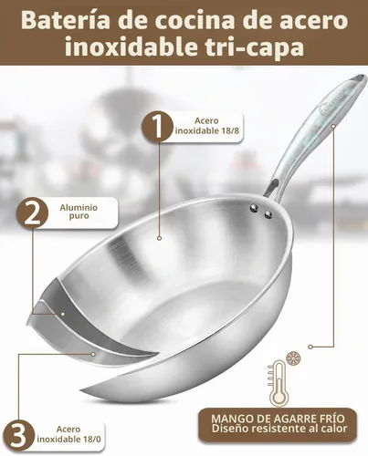 Vista 3 de LOLYKITCH Wok Pan de acero inoxidable de tres capas de 11 pulgadas con tapa