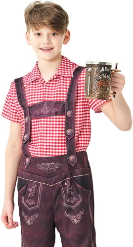 Vista 4 de IDOPIP Disfraz de Oktoberfest para niños, pantalones cortos de Lederhosen bávaros alemanes con camisa a cuadros, calcetines para niños, Halloween