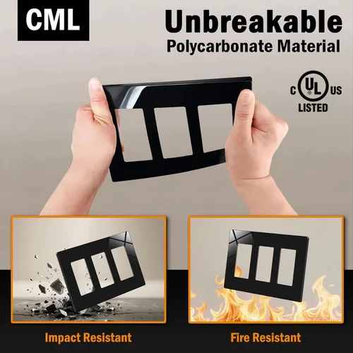 Vista 3 de CML - Placa de pared decorativa negra sin tornillos de 3 segmentos, paquete de 2 cubiertas de receptáculo de salida y placa de interruptor, cara