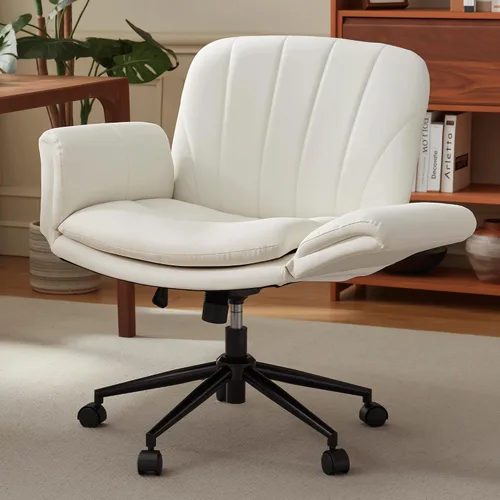 Vista 12 de Dowinx Silla Criss Cross con brazos y ruedas ajustables de cinco niveles - Cómoda silla giratoria ergonómica de cuero PU para tocador - Silla