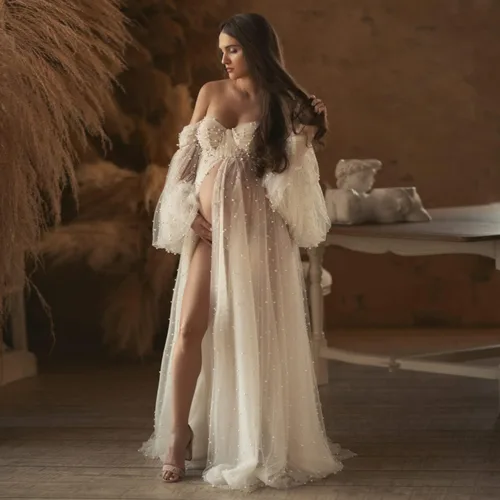 Vista 8 de yinyyinhs Vestido de maternidad de tul con perlas para sesión de fotos, manga larga hinchada, hombros descubiertos, vestido de maternidad para baby
