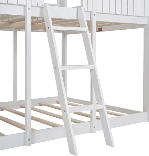 Vista 7 de Litera de madera con techo, ventana, barandilla y escalera, color blanco