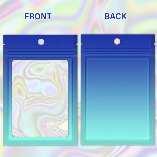 Vista 4 de 100 bolsas holográficas de Mylar degradadas con ventana transparente, bolsa con cremallera resellable, bolsas de muestras de embalaje para fiestas