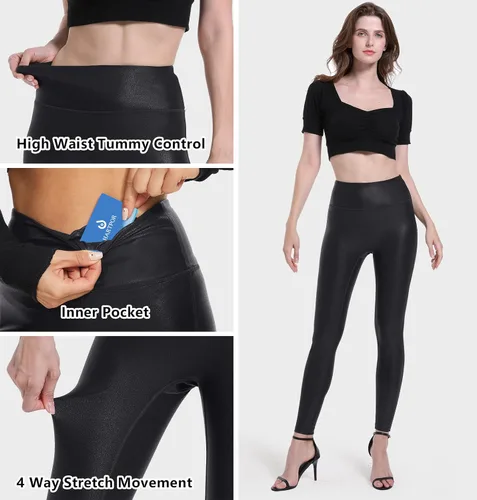 Vista 5 de HARTPOR Leggings de piel sintética para mujer, elásticos, de cintura alta, brillantes, pantalones de cuero, leggings de cuero, pantalones de yoga
