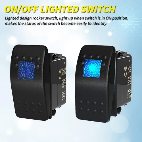 Vista 3 de Joinfworld Interruptor basculante marino de 12 V, 24 V, interruptor basculante iluminado, 12 voltios, 20 A, LED azul, 3 pines, SPST
