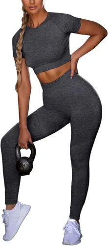 Vista 4 de LYANER Conjuntos de entrenamiento para mujer, camiseta corta de manga corta y leggings de cintura alta, conjuntos de yoga de 2 piezas
