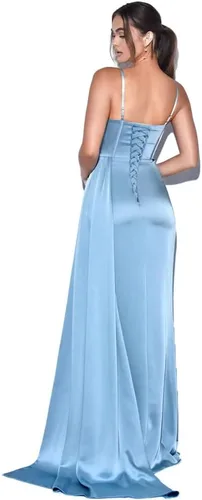 Vista 3 de Women's Spaghetti Straps Satin Prom Dress with Train Corset Mermaid Bridesmaid Dress Long Formal Evening Party Gown