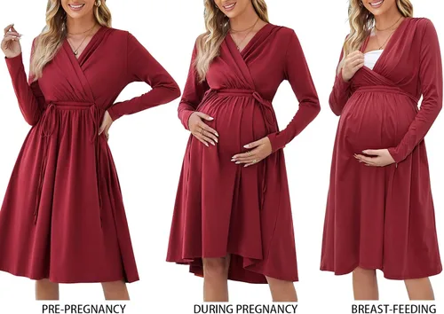 Vista 4 de OUGES Vestido de maternidad para mujer 2023, manga larga, cuello en V, vestidos de embarazo con bolsillos