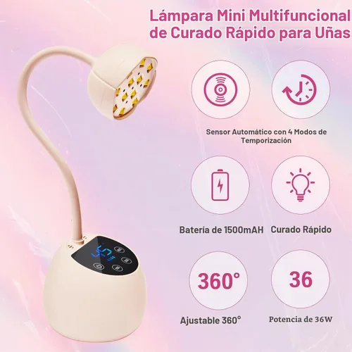 Vista 3 de CGBE Lámpara de uñas LED UV, mini lámpara de uñas de curación flash Rosa