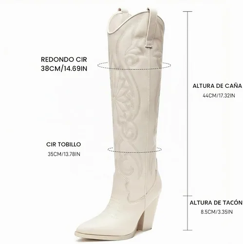 Vista 4 de WIRALOMI Botas de vaquero para mujer, hasta la rodilla, botas de vaquera con tacón grueso bordado, botas altas occidentales Beige