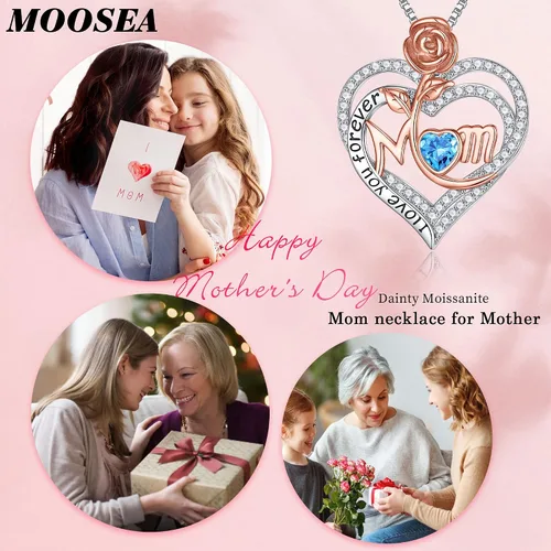 Vista 3 de MOOSEA Mom Necklace for Women, Moissanite Diamond Side Stone Rose Heart Birthstone Necklace 18K White Gold Vermeil Interlocking Heart Necklace for