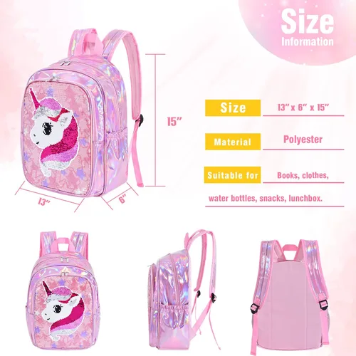 Vista 7 de Mochila de unicornio Mochila escolar holográfica de lentejuelas de unicornio para niños y niñas bolsas de libros preescolar jardín de infantes