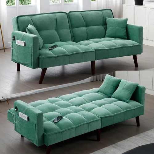 Vista 3 de Sofá cama futón, sofá futón plegable convertible, sofá pequeño transpirable, cómodo sofá cama doble tapizado de terciopelo para sala compacta