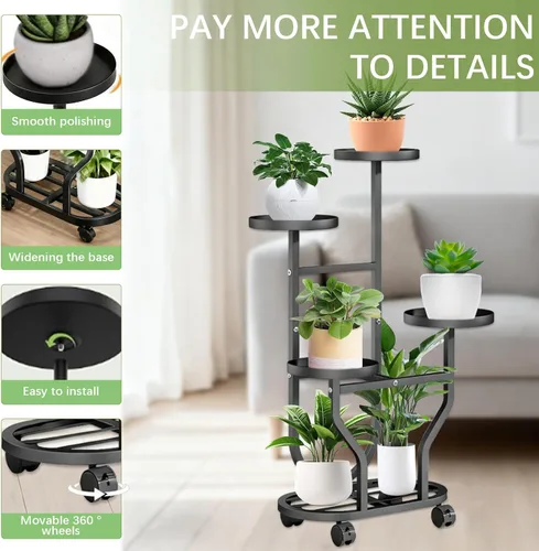 Vista 3 de Soporte para plantas de 5 niveles, estante de metal para plantas para interiores y exteriores, estante de esquina alta para plantas múltiples