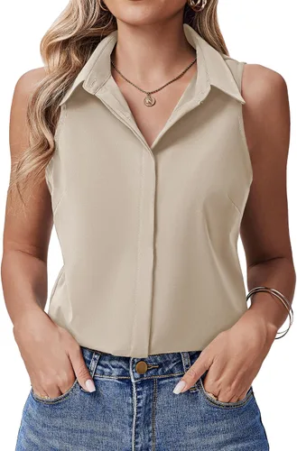 Vista 19 de HOTOUCH Camisas sin mangas con botones ocultos para mujer, frente con botones ocultos, cuello, blusas casuales elegantes holgadas para oficina
