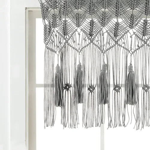 Vista 5 de Lush Decor Cenefa de algodón con borlas de macramé bohemio/cortina de cocina/decoración de pared, 30 pulgadas de largo x 40 pulgadas de ancho, gris