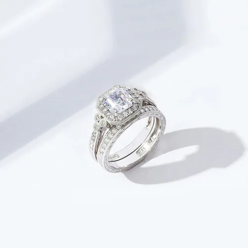 Vista 8 de Tienda Collection Platinum-Plated Sterling Silver Antique Ring set with Asscher-Cut Infinite Elements Cubic Zirconia