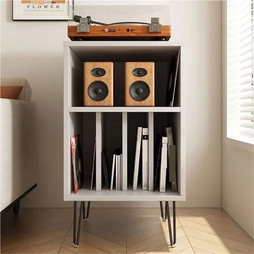 Vista 11 de Soporte para tocadiscos de madera, mesa de tocadiscos de gran capacidad, gabinete de almacenamiento abierto para medios, adecuado para sala