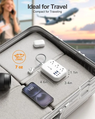 Vista 4 de Beeiker Cable de Extensión Corto de 1 Pie - Tira de Alimentación de 6 USB (3 USB C) para Viajes con Estación de Carga USB de 24W y 3 Tomas, Cable