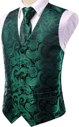 Vista 6 de Hi-Tie Chaleco de traje para hombre, conjunto de corbata con alfiler de solapa o clip de corbata, chaleco de seda, pañuelo para boda, esmoquin formal