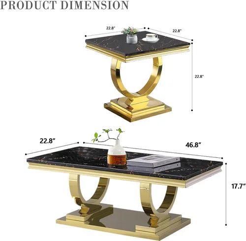 Vista 3 de Juego de 2 mesas de café de mármol, juego de mesa de sala de estar de 2 piezas que incluye 1 mesa auxiliar y 1 mesa auxiliar, moderna mesa de centro